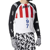 Motocross outfit with red, white, and black design on a gray background