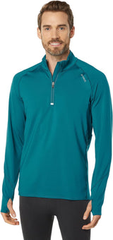 Hot Chillys Men Micro Elite Chamois Zone Zip-T Midweight Base Layer in action, showcasing its ergonomic fit and technical features.