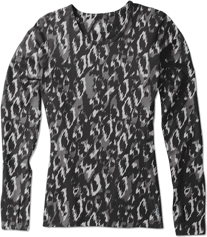 Hot Chillys Women Micro-Elite Chamois Printed Crewneck Midweight Base Layer Black Painted Animal