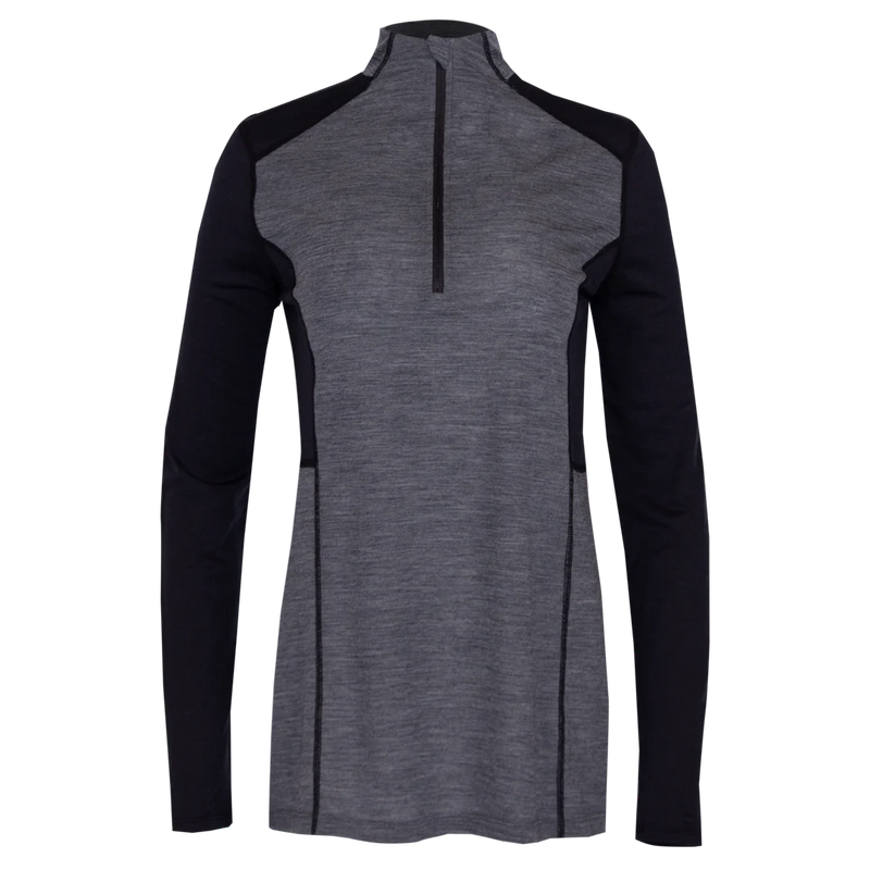 Hot Chillys Women Clima-Wool Merino Zip-T Black Grey HEATHER