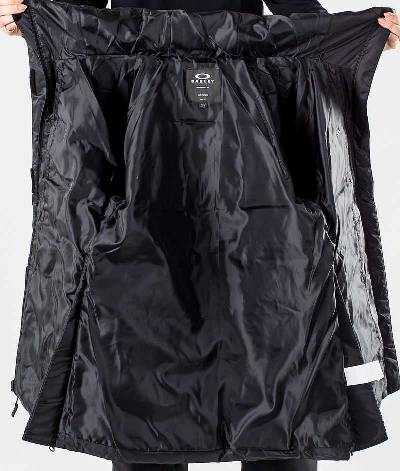 Oakley TNP Winter Pine DWR Puff Women Snow Jacket - Front view, showcasing water repellent technology and two-point hood adjustment