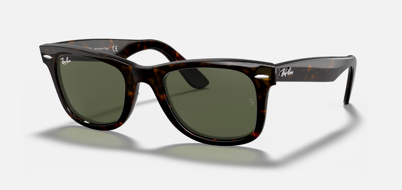 Ray-Ban Wayfarer Classic sunglasses in various colors with polarized and gradient lenses, featuring acetate frames and iconic logo.