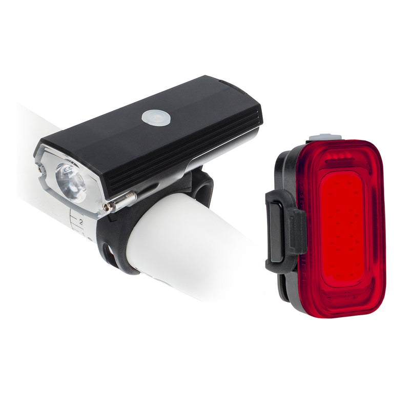 Image of Blackburn Dayblazer 550 Front and Grid Rear Light Set showcasing its high-power BLITZ mode and wide COB light array, perfect for city commuting and trail riding. hero