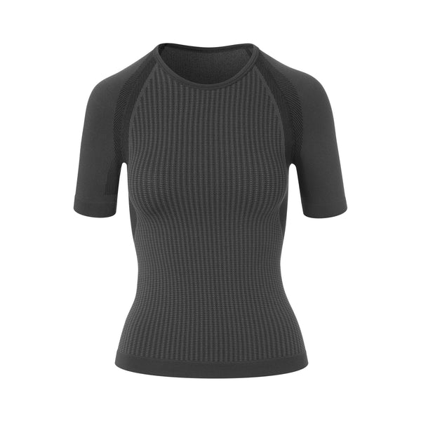 Giro Women Chrono Short Sleeve Base Layer, featuring Wikpro fabric for moisture management and breathability, with a seamless body design for exceptional fit and comfort.