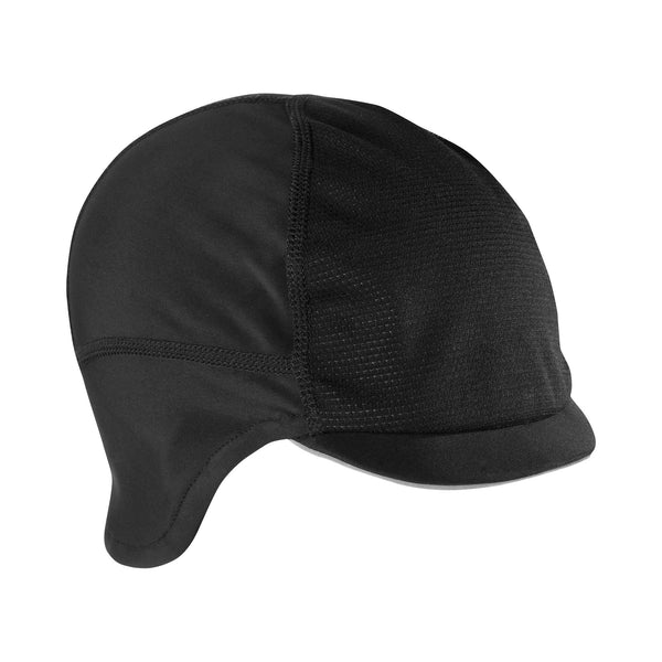 Giro Ambient Winter Cycling Cap with thermal fleece lining, wind-stopping front panel, and ear flaps, designed to fit under helmets for winter cycling.